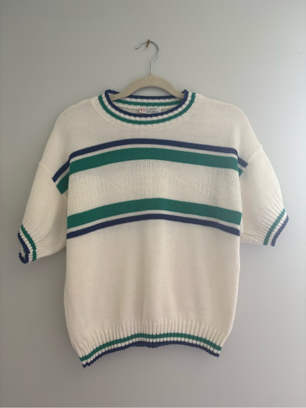 Crewneck Striped Short-Sleeve Sweater - White with Green & Blue
